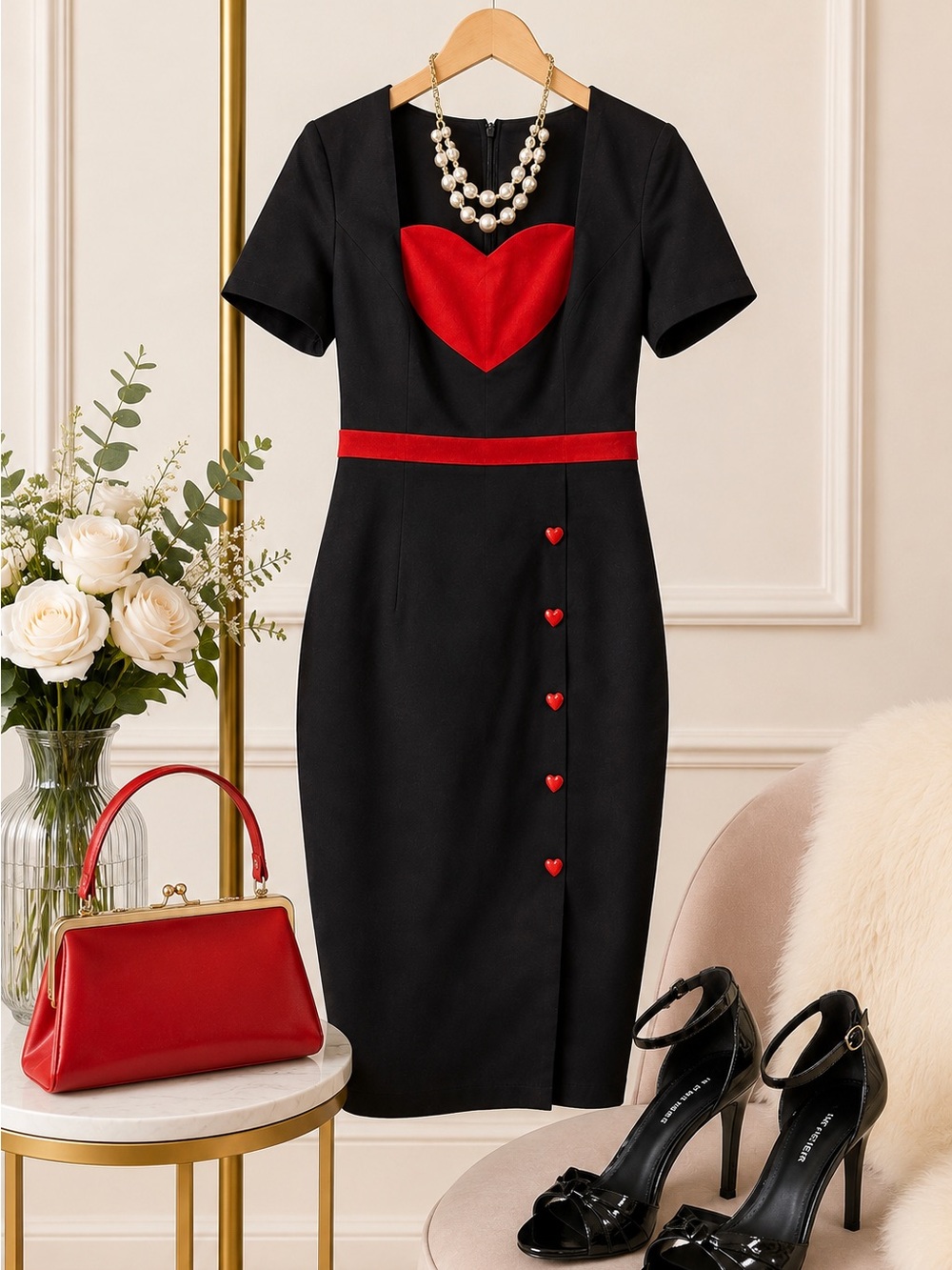 Retro Stage Black & Red Heart Wiggle Dress NWT XL Pinup Rockabilly Valentine